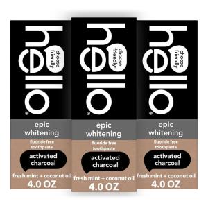 imageHello Activated Charcoal Epic Teeth Whitening Fluoride Free Toothpaste and Toothbrush Fresh Mint and Coconut Oil Vegan SLS Free Gluten Free and Peroxide Free 4 Ounce Pack of 24 Ounce Pack of 3