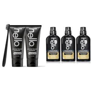 imageHello Activated Charcoal Epic Teeth Whitening Fluoride Free Toothpaste and Toothbrush ampamp Activated Charcoal Extra Freshening Mouthwash Natural Fresh Mint and Coconut OilToothpaste  Mouthwash