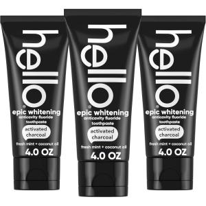 imageHello Activated Charcoal Toothpaste Fluoride Toothpaste with Activated Charcoal Teeth Whitening Toothpaste with Fresh Mint and Coconut Oil No SLS Vegan Gluten Free 3 Pack 4 OZ TubesMint