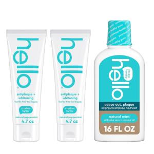 imageHello Antiplaque and Whitening Fluoride Free Toothpaste and Naturally Healthy Antigingivitis Mouthwash Alcohol Free Vegan SLS Free and Gluten Free 47 Ounce Tubes 16 Ounce Bottle1 Count Pack of 1