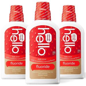 imageHello Natural Watermelon Flavor Kids Fluoride Free Rinse Alcohol Free Vegan SLS Free Mouthwash for Kids Age 6 and Up 16 Fl Oz Pack of 3Strawberry