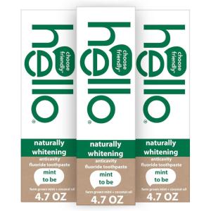 imageHello Naturally Whitening Fluoride Toothpaste Natural Whitening Toothpaste with Coconut Oil and Tea Tree Oil Tames Bad Breath Helps Moisturize and Fights Cavities Mint 3 Pack 47 Oz TubesPeppermint
