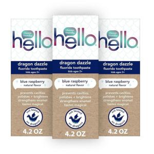 imagehello Dragon Dazzle Blue Raspberry Kids Toothpaste Fluoride Toothpaste Ages 2 No Artificial Sweeteners No SLS Gluten Free Vegan Pack of 3 42 OZ Tubes