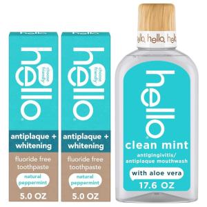 image:imageHello Antiplaque and Whitening Fluoride Free Toothpaste 2 Pack 5 Oz Tubes and Clean Mint Alcohol Free Mouthwash 176 Fl Oz Bottle with Aloe Vera Natural Peppermint