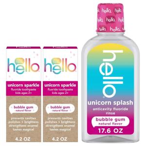 image:imageHello Unicorn Sparkle Kids Toothpaste with Fluoride and Unicorn Splash Kids Mouthwash with Fluoride Bundle Pack No Alcohol Formula Natural Flavor Bubblegum Mouthwash and Toothpaste