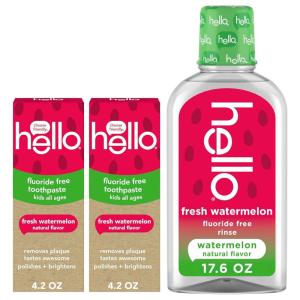 image:imageHello Fresh Watermelon Fluoride Free Kids Toothpastes and Fluoride Free Kids Mouthwash Bundle Pack Freshens Breath and Tastes Awesome SLS Free Formulas No Spicy Mint Natural Watermelon Flavor