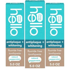 image:imageHello Antiplaque and Whitening Fluoride Free Toothpaste 5 Oz Tube Whitening Toothpaste with Natural Peppermint Flavor and Tea Tree Oil Crushes Tartar and Helps Remove Surface Stains 3 Pack