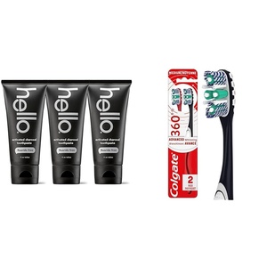 image:imageHello Activated Charcoal Toothpaste Fluoride Free with Activated Charcoal amp Colgate 360 Optic White Advanced Toothbrush Medium Toothbrush for Adults2 Count Pack of 1