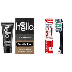 image:imagehello Activated Charcoal Epic Whitening Fluoride Free Toothpaste Fresh Mint amp Colgate 360 Optic White Advanced Toothbrush Medium Toothbrush for Adults2 Count Pack of 1
